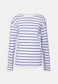 Långärmad T-shirt i bomull, med vitt tyg och mörkblå horisontella ränder samt rundad halsringning.