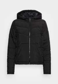 Czarna ocieplana kurtka z kapturem, zsuwanem z przodu, diagonalnym pikowaniem oraz elastycznymi mankietami. Gładka struktura, krótki fason.