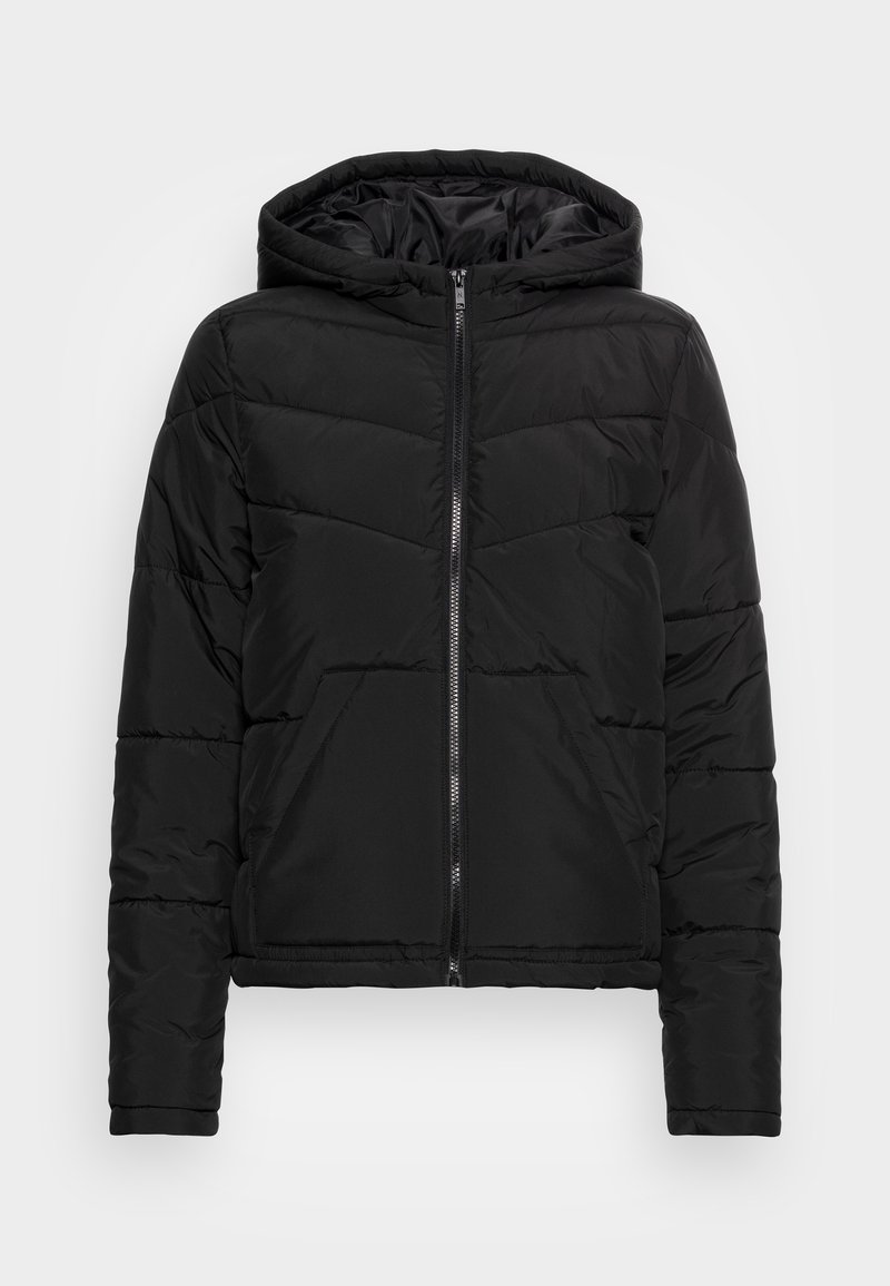 Czarna ocieplana kurtka z kapturem, zsuwanem z przodu, diagonalnym pikowaniem oraz elastycznymi mankietami. Gładka struktura, krótki fason.