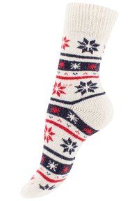 Calze a girocollo in maglia color crema con motivi a fiocco di neve rossi e blu navy, con fasce testurizzate e un bordo a coste per il massimo comfort.