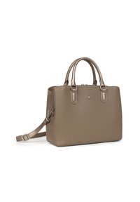 Torebkę wykonano z taupe syntetycznej skóry, ma podwójne uchwyty u góry, odpinany pasek oraz minimalistyczny design. Wyposażona jest w srebrne okucia oraz zamek błyskawiczny.