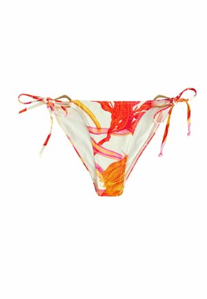 Valged bikiinipõhjad oranži ja roosa lillemustriga, mõlema puusa külgedel seotud paeltega.