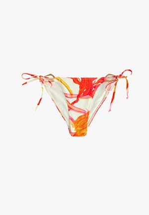 Partea de jos a bikiniului alb cu imprimeu floral portocaliu și roz, cu curele laterale legate pe ambele șolduri.