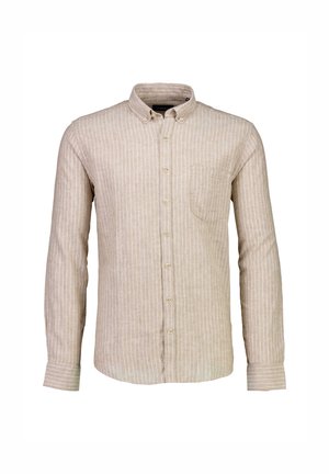 Beżowa koszula z długim rękawem w cienkie białe paski, z kołnierzykiem zapinanym na guziki, kieszonką na piersi oraz zapięciem na guziki z przodu. Miękka struktura materiału.