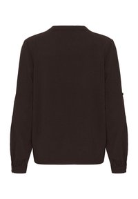 Must pika varrukaga särk kraega, tekstuuriga kangast, nööbitavate mansettidega ja sirge äärega. Lihtne disain ilma mustrite või graafikata.