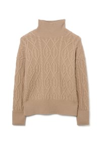 Suéter beige de punto con cuello alto. Presenta un patrón de trenzas texturizado y puños y dobladillo acanalados. Tejido suave y grueso.