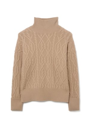 Maglione beige lavorato a maglia con collo alto. Presenta un motivo a trecce testurizzato e polsini e orlo a coste. Tessuto morbido e spesso.