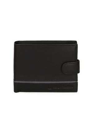 Portefeuille en cuir noir avec une surface texturée, un design à rabat et une fermeture à bouton, présentant une bande horizontale et un détail de marque.