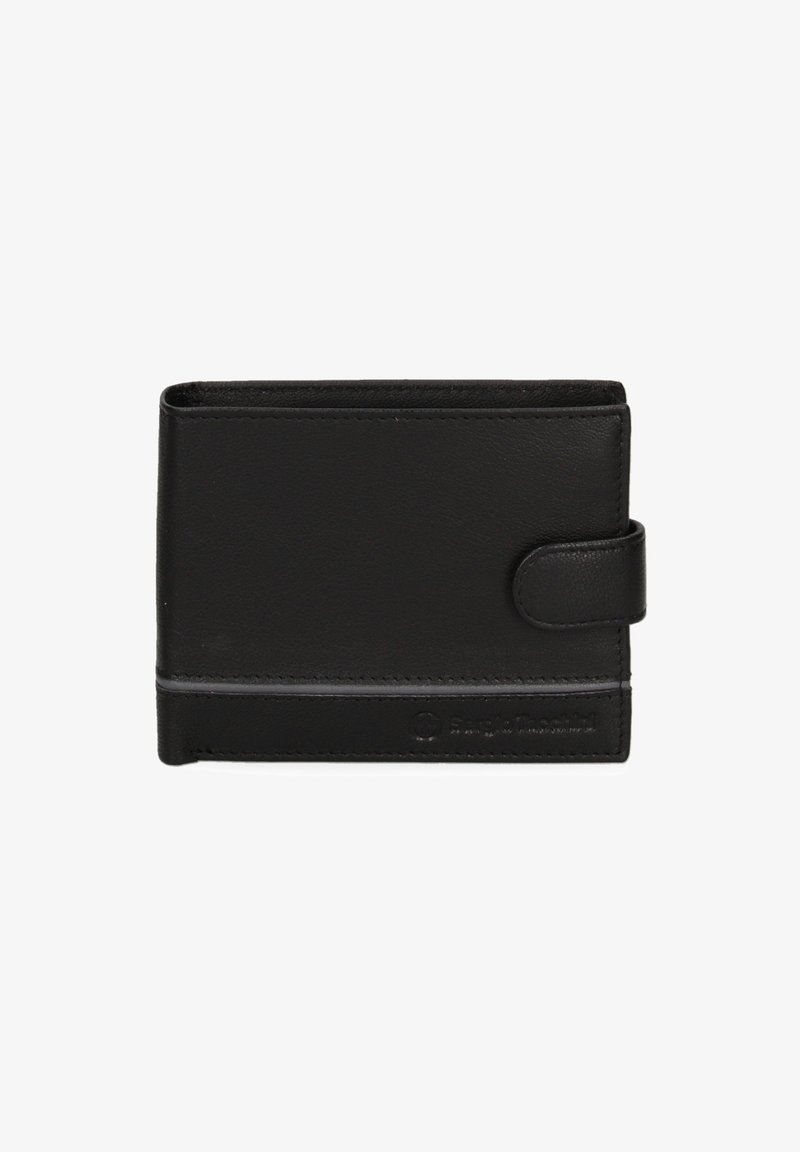 Zwarte leren portemonnee met een gestructureerd oppervlak, een opvouwbaar ontwerp en een knoopsluiting, met een horizontale strook en merkdetail.