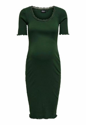 Tumehe roheline soonikkoeline raseduskleit lühikeste varrukatega, pitsist ääristusega kaelusega ja volangidega varrukate ja helmeste servadel.