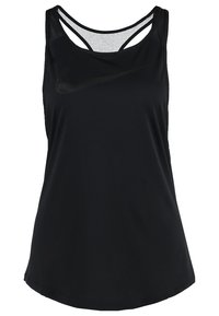 Débardeur de sport noir avec un col rond et un dos ouvert. Fabriqué en tissu léger, il présente un logo discret à l'avant.