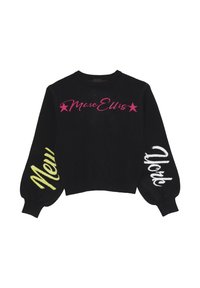 Pullover nero a maglia con "Marc Ellis" in rosa e "New York" in bianco e giallo sulle maniche. Maniche a sbuffo e polsini a costine.