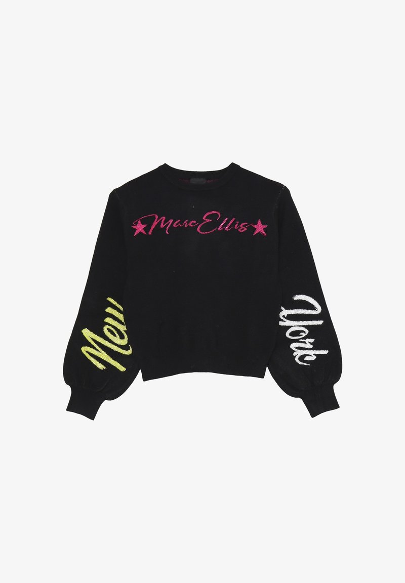 Pullover nero a maglia con "Marc Ellis" in rosa e "New York" in bianco e giallo sulle maniche. Maniche a sbuffo e polsini a costine.