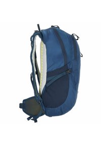Zaino blu navy con schienale in rete, spallacci imbottiti e accenti gialli. Presenta tasche laterali e spallacci regolabili per una vestibilità sicura.