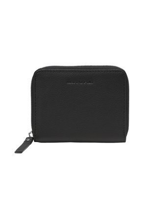 Portefeuille en cuir noir avec fermeture éclair tout autour, surface texturée et embossage discret du logo à l'avant.