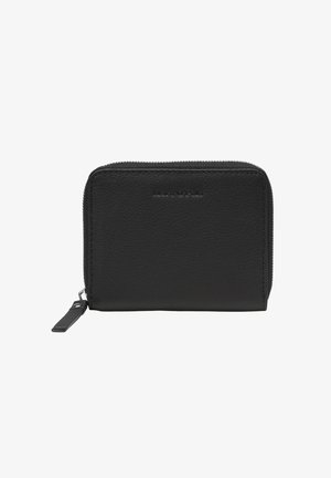 Schwarze Lederbrieftasche mit Rundum-Reißverschluss, strukturierter Oberfläche und subtiler Markenprägung auf der Vorderseite.