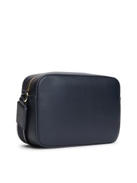 Navy leather shoulder bag with a rectangular shape, smooth texture, and gold zipper. Features a sturdy strap for easy carrying.