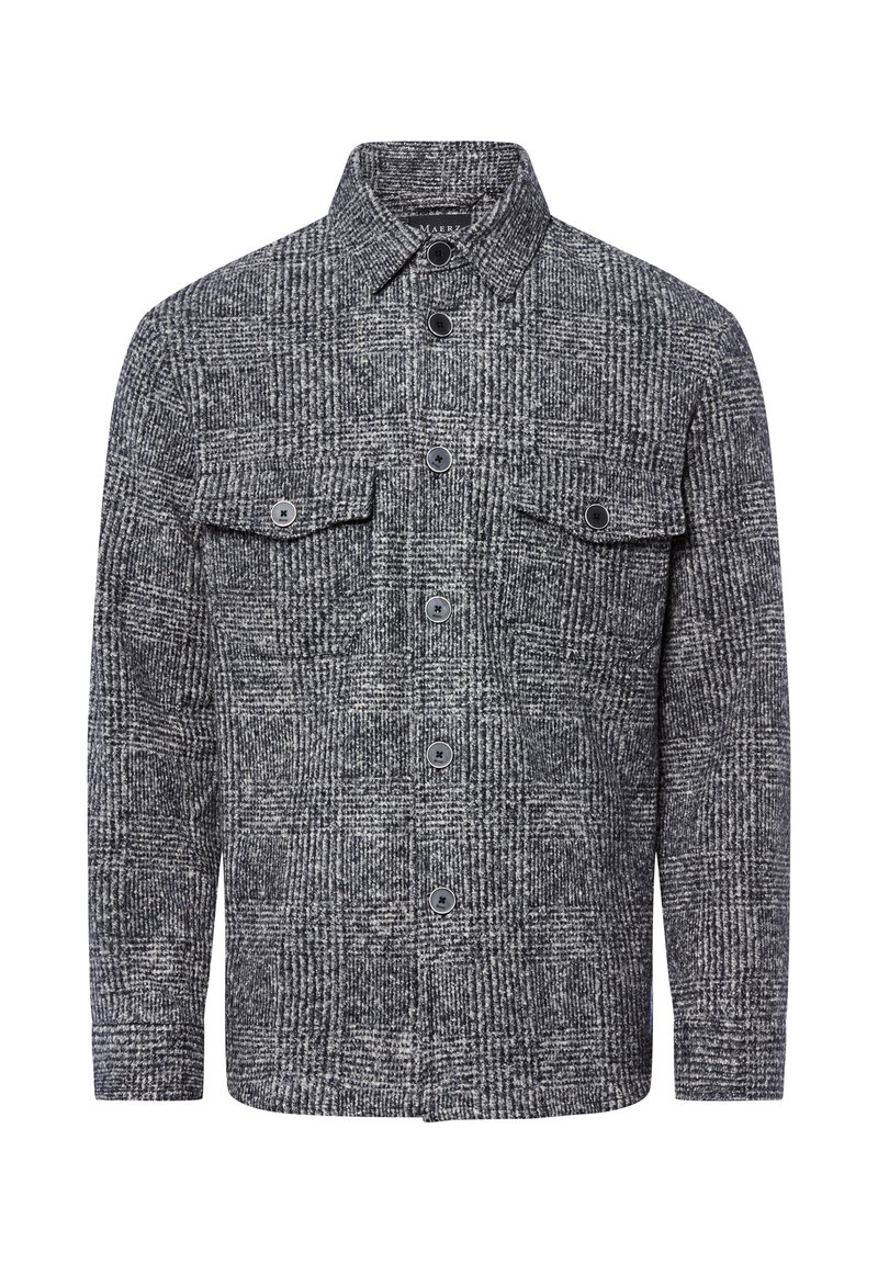 Šedá vzorovaná bunda vyrobená z texturované tkaniny. Má dvě náprsní kapsy a zapínání na knoflíky s černými knoflíky.