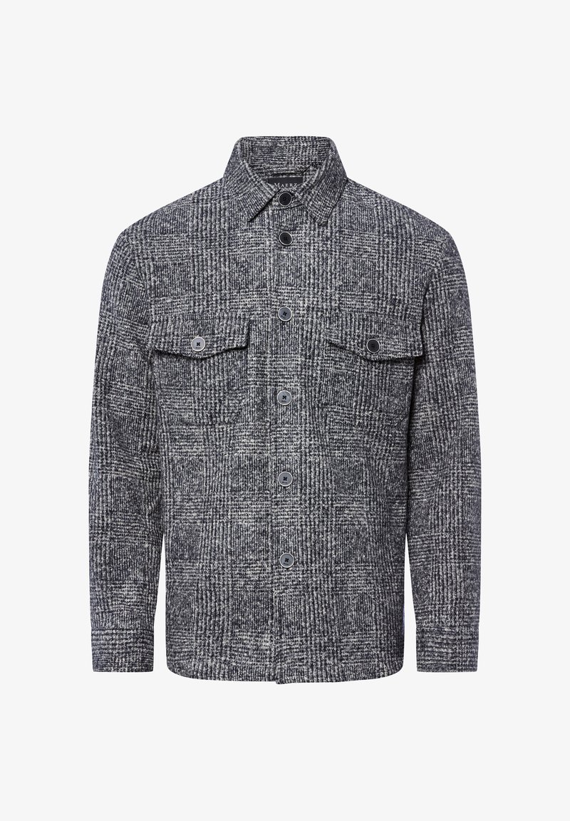 Gray patterned jacket made of textured fabric. Features two chest pockets and a button front closure with black buttons.