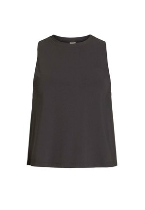 Top sans manches gris foncé en tissu lisse. Présente un col rond et une coupe fluide et décontractée sans embellissements visibles.