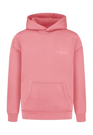Sweat à capuche rose avec poche kangourou à l'avant, poignets et ourlet côtelés, et logo brodé discret sur le côté gauche de la poitrine.