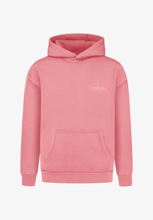 Felpa con cappuccio rosa con tasca a marsupio frontale, polsini e orlo a coste, e logo ricamato sottile sul petto a sinistra.