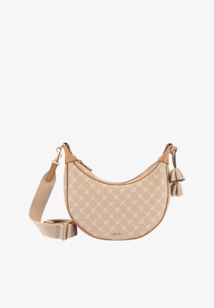 Borsa a tracolla beige con una forma curva, superficie testurizzata e motivo geometrico. Presenta dettagli in pelle e una tracolla removibile con nappe.