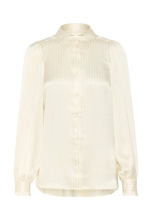 Cream-colored, long-sleeve blouse with a button-up front, pinstripe pattern, softer texture, and ruffled cuffs. Collared design with a relaxed fit.