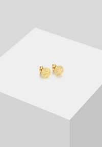 Guld ørestikker med et tekstureret, rundt design. Har en poleret finish og en sikker lukning, måler cirka 1 cm i diameter.