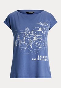 Modra bombažna majica s sproščenim krojem, ki vsebuje bel risarski motiv obalne pokrajine ter besedilo "LAUREN RALPH LAUREN".