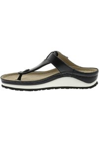 Black leather thong sandal with a cushioned beige footbed and a white wedge sole, featuring a small decorative hardware accent.