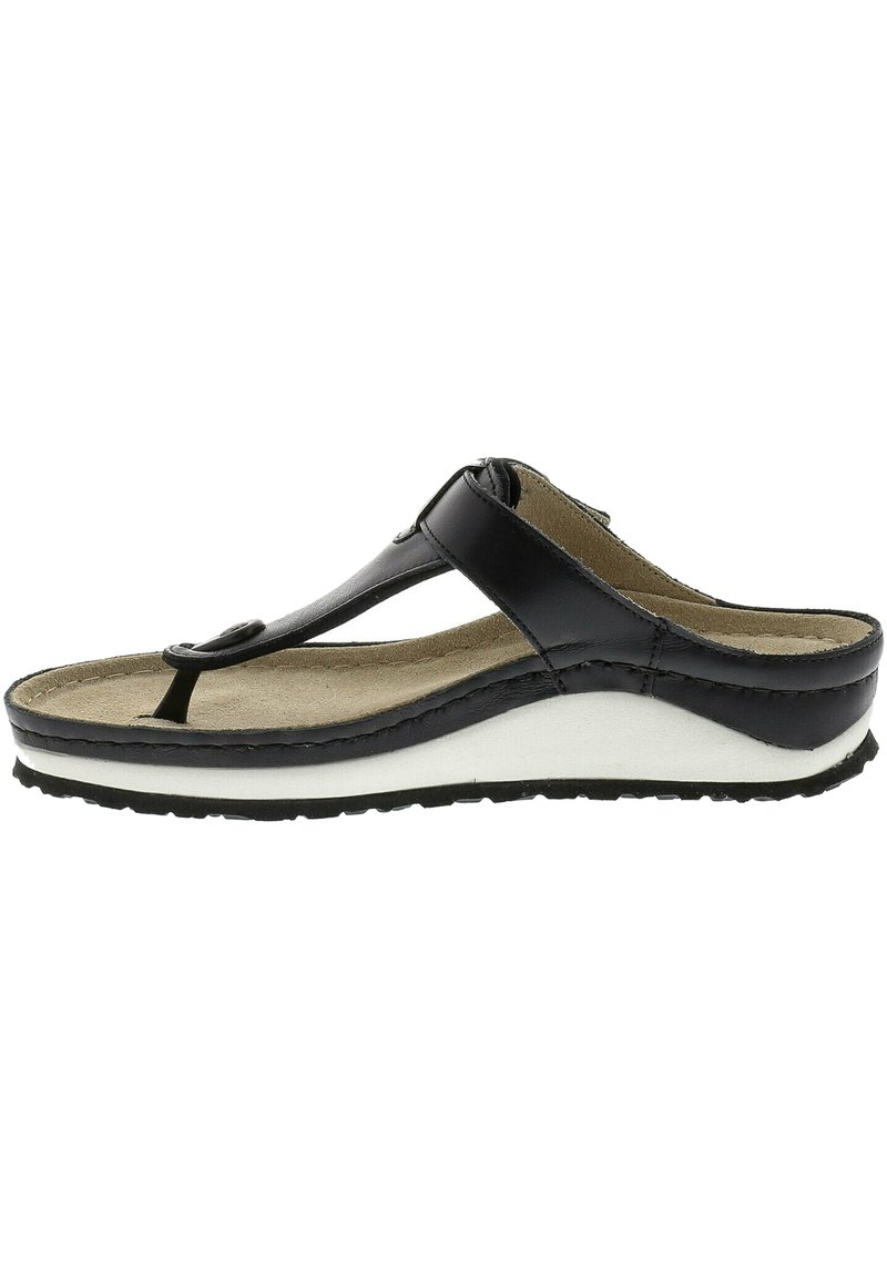 Black leather thong sandal with a cushioned beige footbed and a white wedge sole, featuring a small decorative hardware accent.