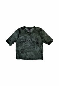 Short-sleeve, cropped T-shirt in dark green fabric. Features a textured pattern and large black "Motorhead" text on the front.