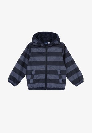 Chaqueta con capucha de rayas en azul marino y gris, con cremallera frontal, dos bolsillos y puños elásticos en las mangas largas.