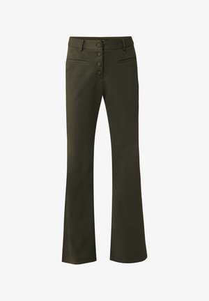 Tmavě olivově zelené kalhoty s rozšířenými nohavicemi, pěticí knoflíků vpředu, dvěma bočními kapsami a hladkým, elastickým materiálem pro pohodlí.