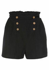 Schwarze Shorts mit einem Rüschensaum, ausgestattet mit fünf Holzknöpfen auf der Vorderseite, aus leichtem Stoff mit glatter Textur.