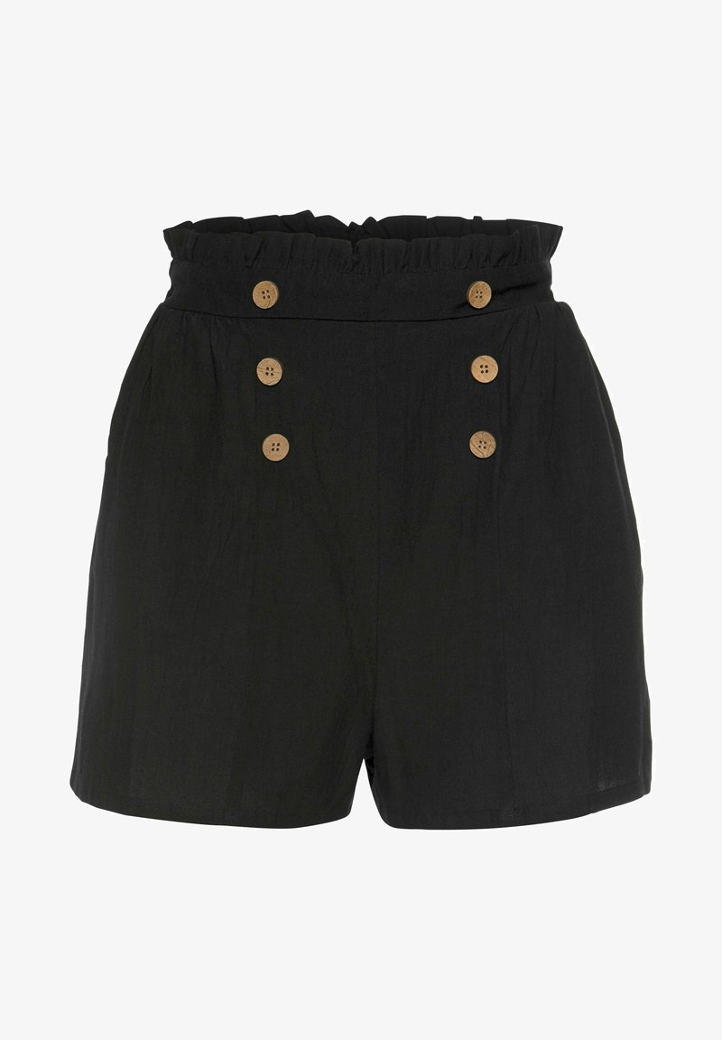 Schwarze Shorts mit einem Rüschensaum, ausgestattet mit fünf Holzknöpfen auf der Vorderseite, aus leichtem Stoff mit glatter Textur.