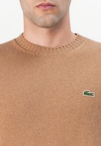 Pulover tricotat maro cu guler rotund cu nervuri și un mic logo verde de crocodil pe pieptul stâng. Textură moale, design simplu.