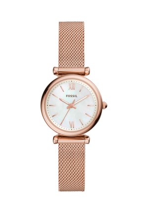 Roségouden Fossil polshorloge met meshband, ronde witte wijzerplaat, Romeinse cijfers op 12 en 6, en minimalistische uurmarkeringen en wijzers.