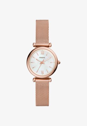 Rose gold Fossil wristwatch with mesh band, round white face, Roman numerals at 12 and 6, and minimalist hour markers and hands.