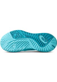 Suola di scarpe sportive turchesi con motivi di presa testurizzati, due loghi circolari e una forma sagomata per trazione e flessibilità.
