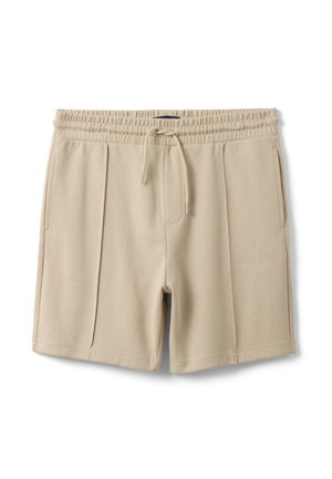 Short beige al ginocchio con vita elastica e coulisse, tasche laterali e sottili dettagli nelle cuciture frontali.