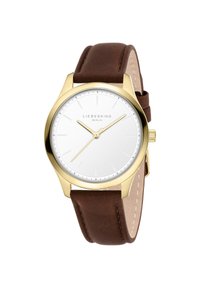 Orologio color oro con quadrante bianco, cinturino in pelle marrone e indicatori delle ore semplici. Presenta una piccola corona sul lato destro per le regolazioni.