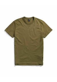 T-shirt in cotone verde oliva, maniche corte, collo rotondo, con un piccolo logo sul petto e un orlo dritto. Texture morbida, design casual.