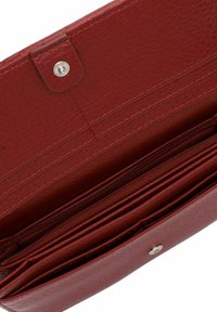 Red leather wallet with a textured finish, featuring multiple card slots, a zippered compartment, and a snap closure.
