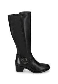 Stivale nero fino al ginocchio con punta in pelle, pannello elastico e tacco curvo. Presenta una fascia decorativa con dettaglio fibbia.