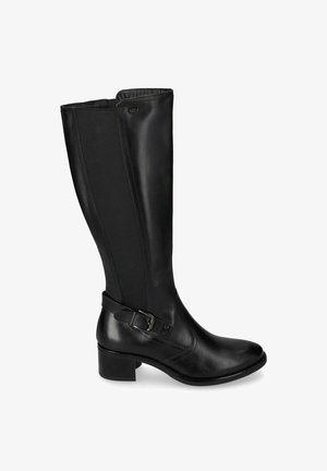 Stivale nero fino al ginocchio con punta in pelle, pannello elastico e tacco curvo. Presenta una fascia decorativa con dettaglio fibbia.
