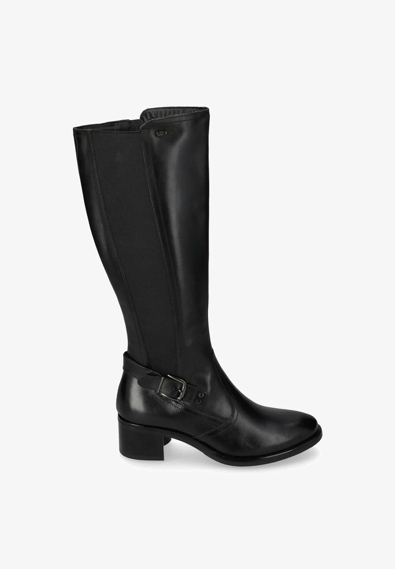 Stivale nero fino al ginocchio con punta in pelle, pannello elastico e tacco curvo. Presenta una fascia decorativa con dettaglio fibbia.