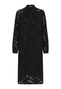 Rochie neagră cu un model florar texturat, mâneci lungi, guler înalt și închidere cu fundă. Fabricată dintr-un material transparent.
