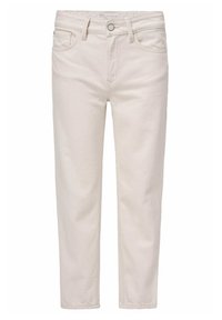 Vaqueros de denim beige con corte recto, cinco bolsillos, pasadores para cinturón y cierre frontal con botón. Textura suave y un diseño con detalles mínimos.